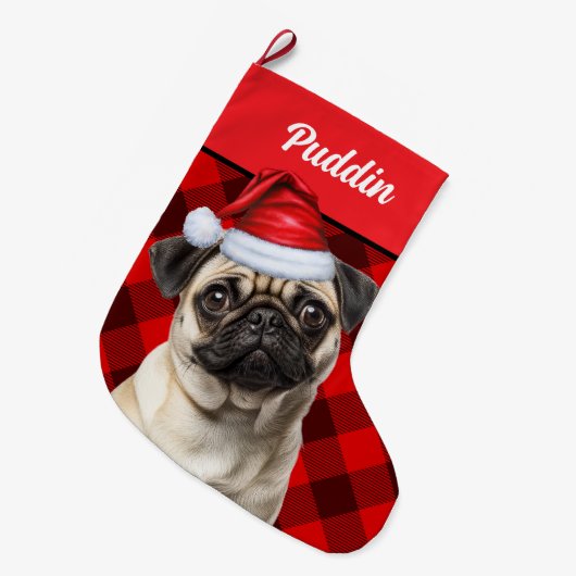 Cute Pug Dog Red Buffalo Plaid Custom Grote Kerstsok (Voorkant (Hangend))