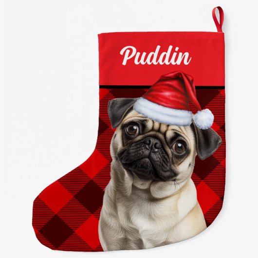 Cute Pug Dog Red Buffalo Plaid Custom Grote Kerstsok (Achterkant)