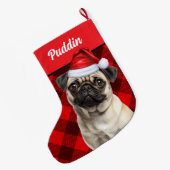Cute Pug Dog Red Buffalo Plaid Custom Grote Kerstsok (Achterkant (Hangend))