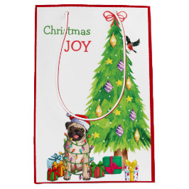Cute Pug Dog Santa Hat en kerstboom Medium Cadeauzakje