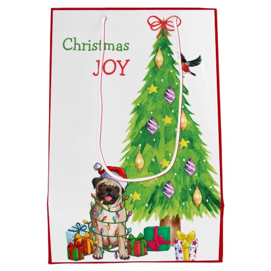 Cute Pug Dog Santa Hat en kerstboom Medium Cadeauzakje (Achterkant)