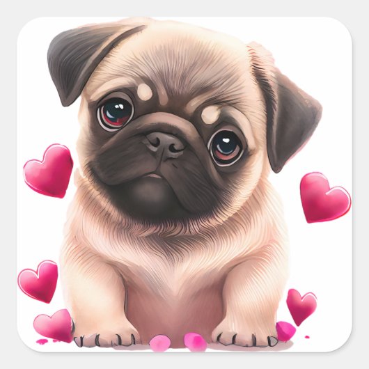 Cute Pug Dog Valentijn Vierkante Sticker (Voorkant)