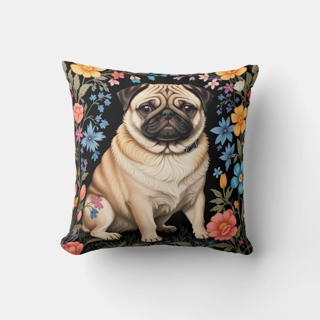 Cute Pug Elegant Colorful Floral Kussen (Voorkant)