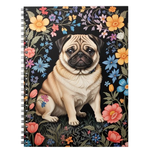 Cute Pug Elegant Colorful Floral Notitieboek (Voorkant)
