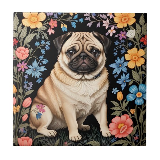 Cute Pug Elegant Colorful Floral Tegeltje (Voorkant)