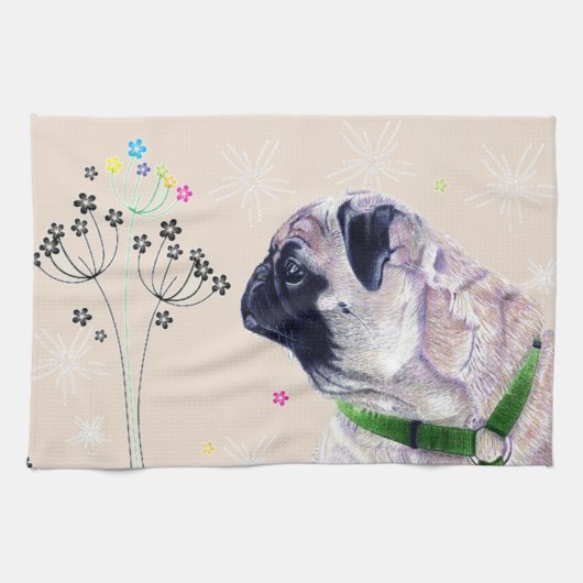 Cute Pug & Flowers Kitchen Towels Theedoek (Horizontaal)