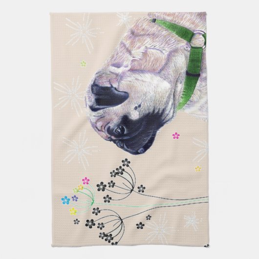 Cute Pug & Flowers Kitchen Towels Theedoek (Verticaal)