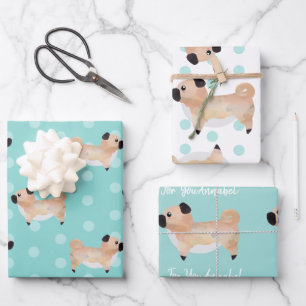 Cute Pug gepersonaliseerde blauwgroen gepatterde h Inpakpapier Vel