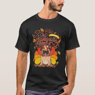 Cute Pug Happy Thanksgiving Turkey Dog Crispy Leaf T-shirt