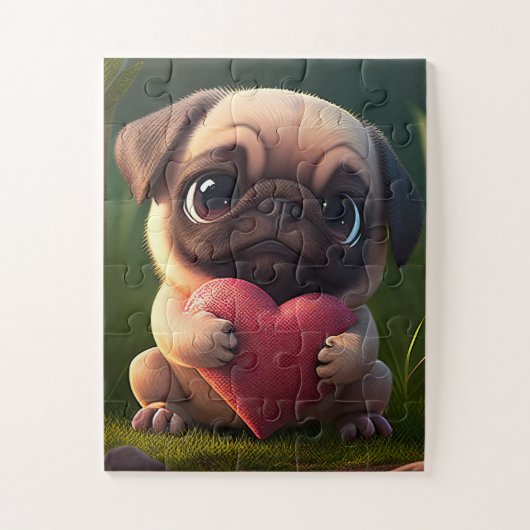 Cute Pug Holding a Heart Legpuzzel (Verticaal)