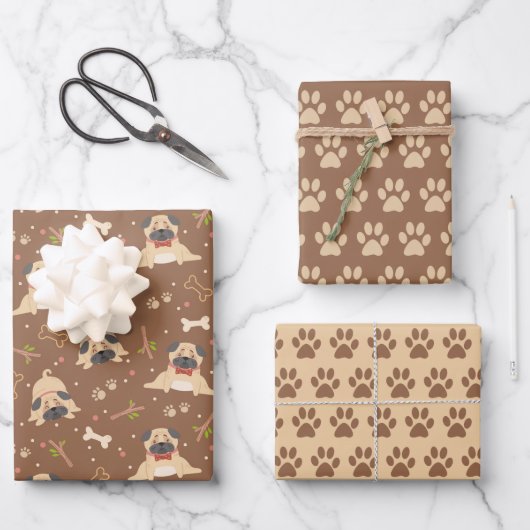 Cute Pug-hond Pootjes Inpakpapier Set van 3 Vel (Voorkant)