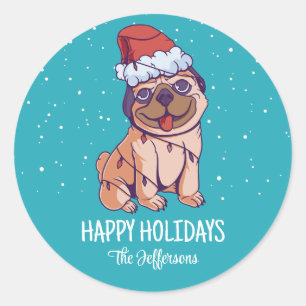 Cute Pug Hondenliefhebber Kerstmis Snowy Winter Ho Ronde Sticker