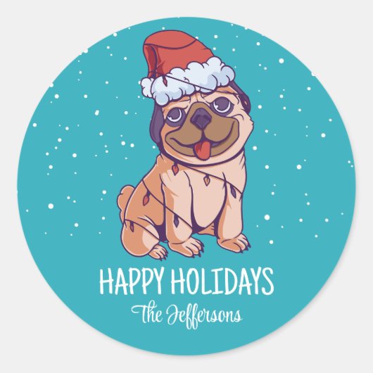 Cute Pug Hondenliefhebber Kerstmis Snowy Winter Ho Ronde Sticker (Voorkant)