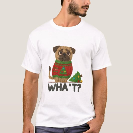 Cute Pug in Christmas Sweater with Funny T-shirt (Voorkant)