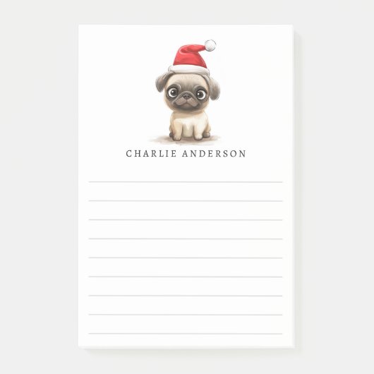 Cute pug in Santa hat name lined Christmas Post-it® Notes (Voorkant)