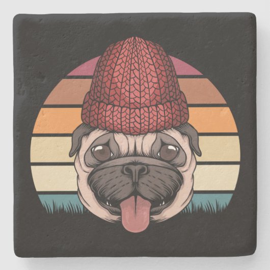 Cute Pug in Winter Pet Retro Design Stenen Onderzetter (Voorkant)
