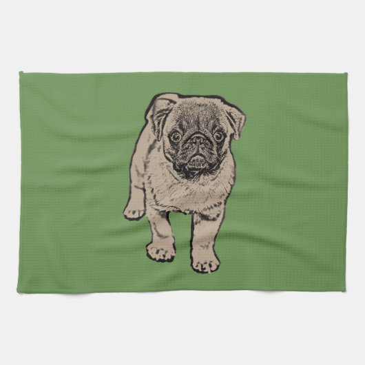 Cute Pug Kitchen Towel-Green Theedoek (Horizontaal)
