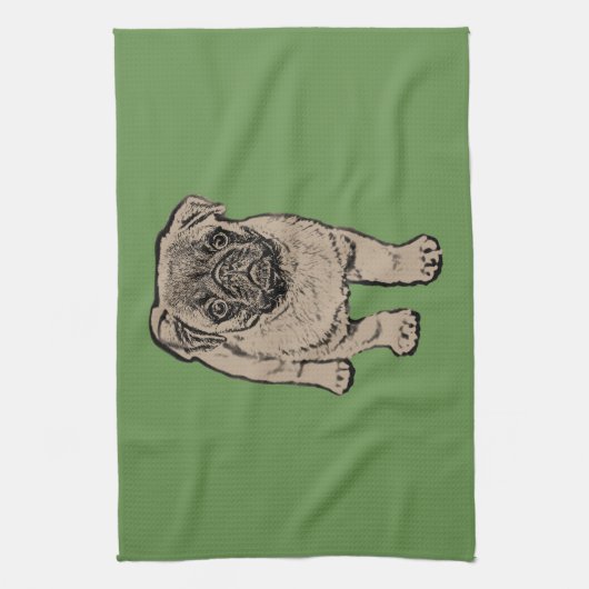Cute Pug Kitchen Towel-Green Theedoek (Verticaal)