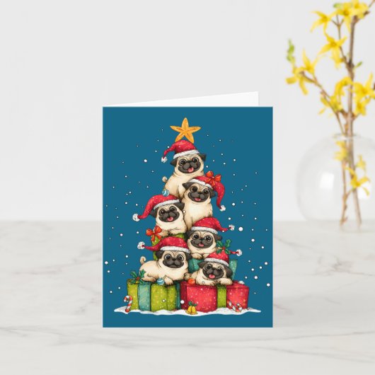 Cute Pug Le Dog Christmas Tree Xmas Hat Long Sleev Kaart (Gele Bloem)