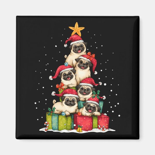 Cute Pug Le Dog Christmas Tree Xmas Hat Long Sleev Magneet (Voorkant)
