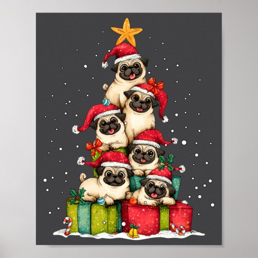 Cute Pug Le Dog Christmas Tree Xmas Hat Long Sleev Poster (Voorkant)