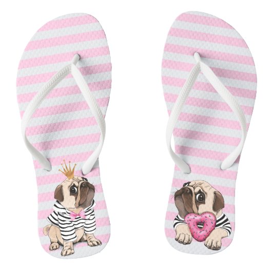 Cute Pug met Crown en Roze Heart Donut Teenslippers (Voetbed)