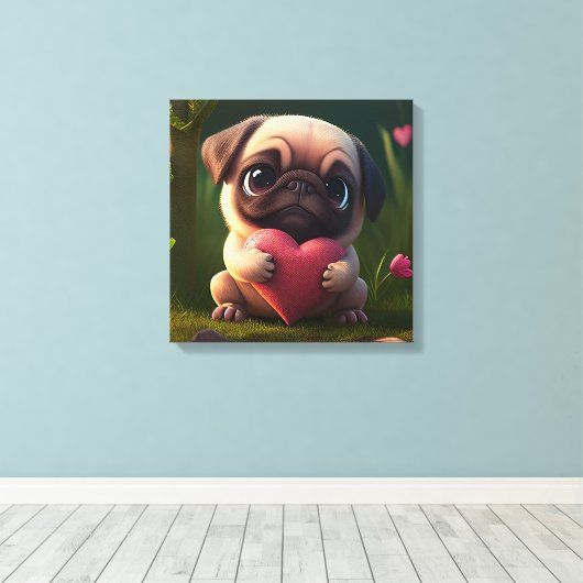 Cute Pug met hart Canvas Afdruk (Insitu (Houten vloer))