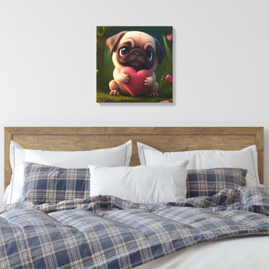 Cute Pug met hart Canvas Afdruk (Insitu (Slaapkamer))
