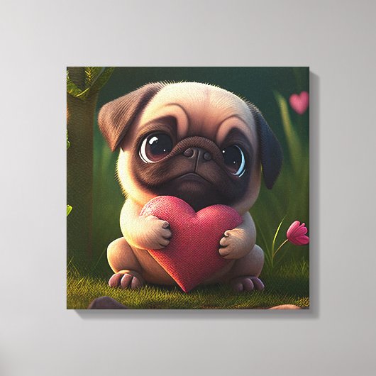 Cute Pug met hart Canvas Afdruk (Voorkant)