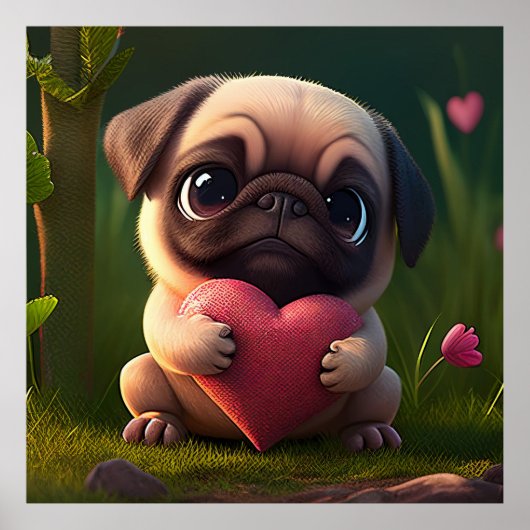 Cute Pug met hart Poster (Voorkant)