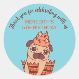 Cute Pug Puppy Dog Cartoon Kinderen Birthday Party Ronde Sticker