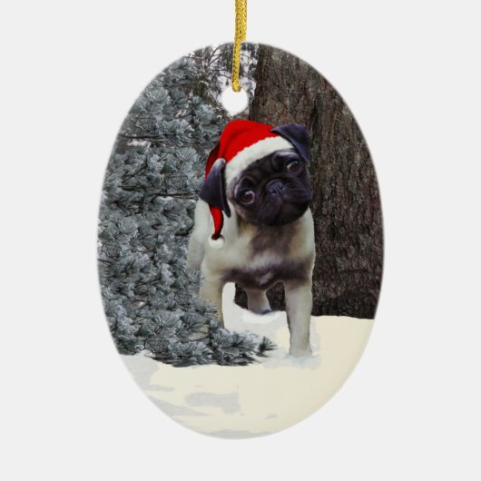 Cute Pug Puppy Kerstversier #2 Keramisch Ornament (Voorkant)