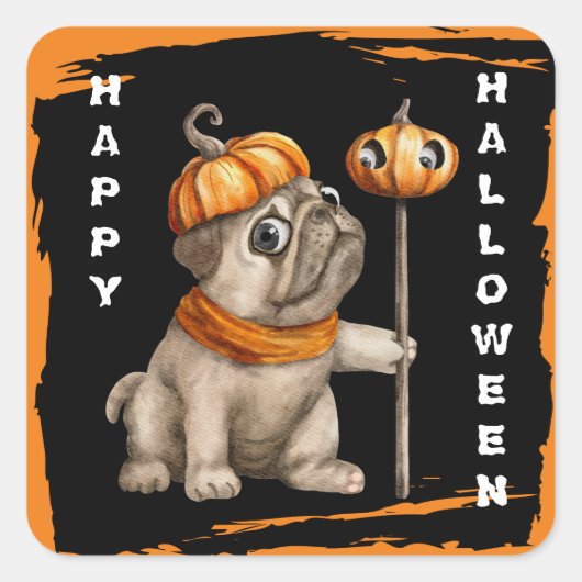 Cute Pug Puppy Kinder Halloween Vierkante Sticker (Voorkant)