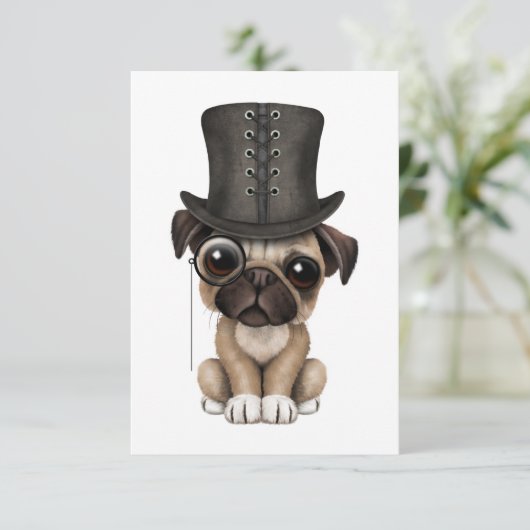 Cute Pug Puppy met Monocle en Top Hat (Staand voorkant)