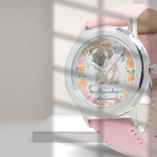 Cute Pug puppy met waterverf bloemen, aangepaste n Horloge (Creator heeft geüpload)