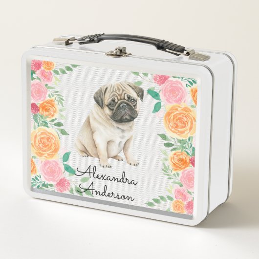 Cute Pug puppy met waterverf bloemen monogram (Voorkant)