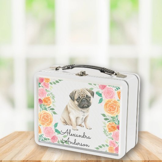 Cute Pug puppy met waterverf bloemen monogram