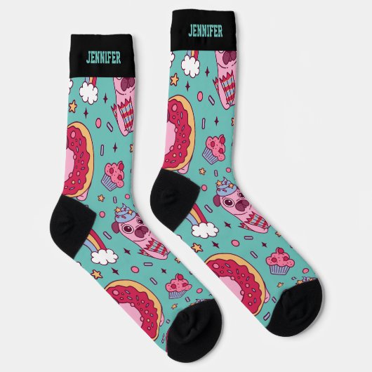 Cute Pug Rainbow Cupcake Retro Pattern Hondenliefh Sokken (Rechts)