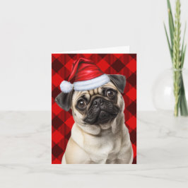 Cute Pug Santa Dog Red Buffalo Plaid Christmas Feestdagen Kaart