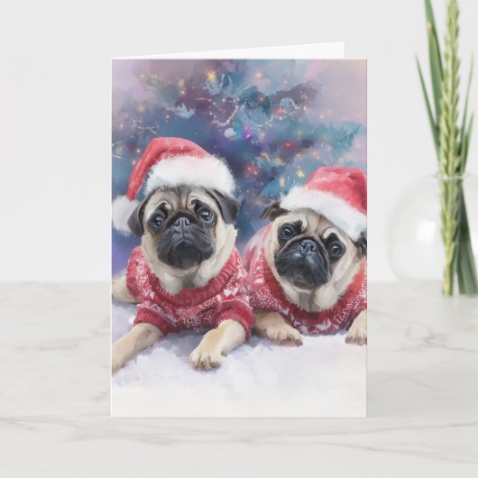 Cute Pugs Christmas Greeting Card  Feestdagen Kaart (Voorkant)