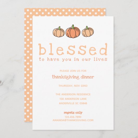 Cute Pumpkin Blessed Polka Dots Thanksgiving Kaart (Voorkant / Achterkant)