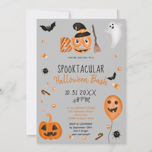 Cute pumpkin Boo Halloween bash grijs Kaart (Voorkant)