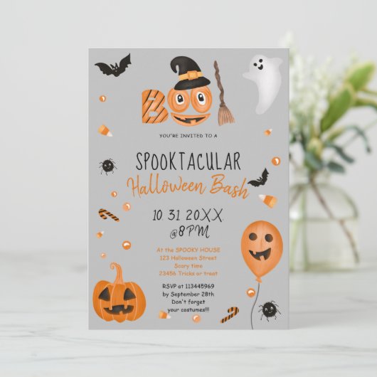 Cute pumpkin Boo Halloween bash grijs Kaart (Staand voorkant)