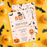 Cute pumpkin Boo Halloween bash roze Kaart<br><div class="desc">Schattige leuke Boo Halloween illustreert het kinder feest,  het perfecte Halloween feest op pastel blush roze,  met leuke illustraties met spoken en boo-geschilderde donuts met hekse petten,  bruin,  witte leuke geest,  gekloonde pompoen,  ballon,  spin en vleermuizen. Een schattige Halloween afbeelding.</div>