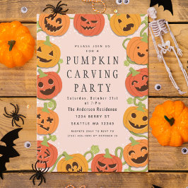 Cute Pumpkin Carving Halloween Party Invitation Kaart