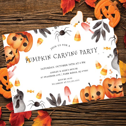 Cute Pumpkin Carving Halloween Party Invitation Kaart
