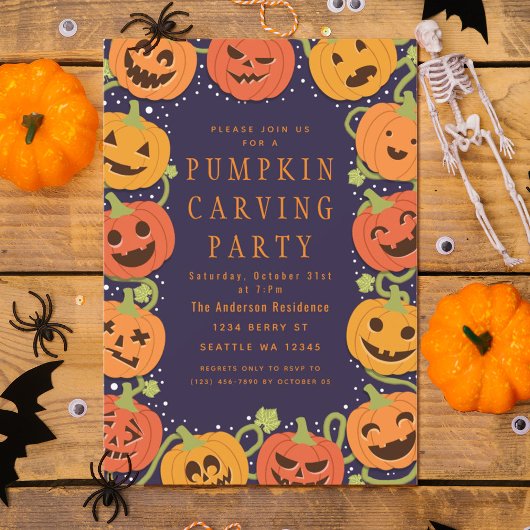 Cute Pumpkin Carving Halloween Party Invitation Kaart