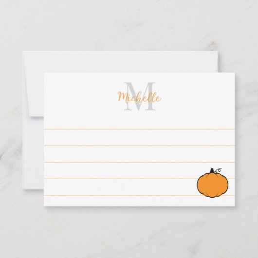 Cute Pumpkin Drawing Custom Monogram Lined Notitiekaartje (Voorkant)