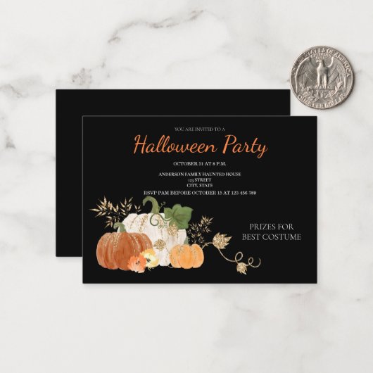 Cute Pumpkin Floral Halloween Party Invitation Notitiekaartje (Voorkant / Achterkant in situ)