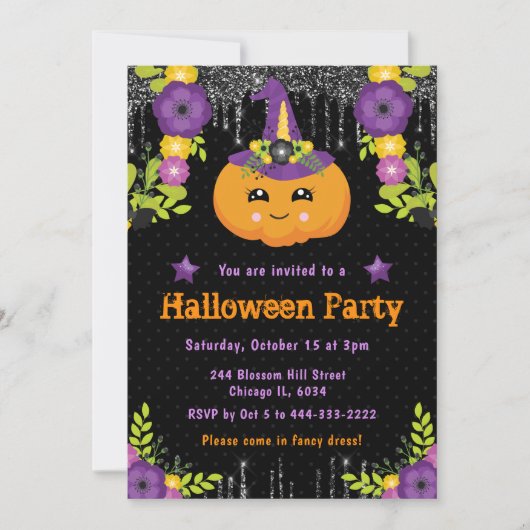 Cute Pumpkin Floral Halloween Party Kaart (Voorkant)